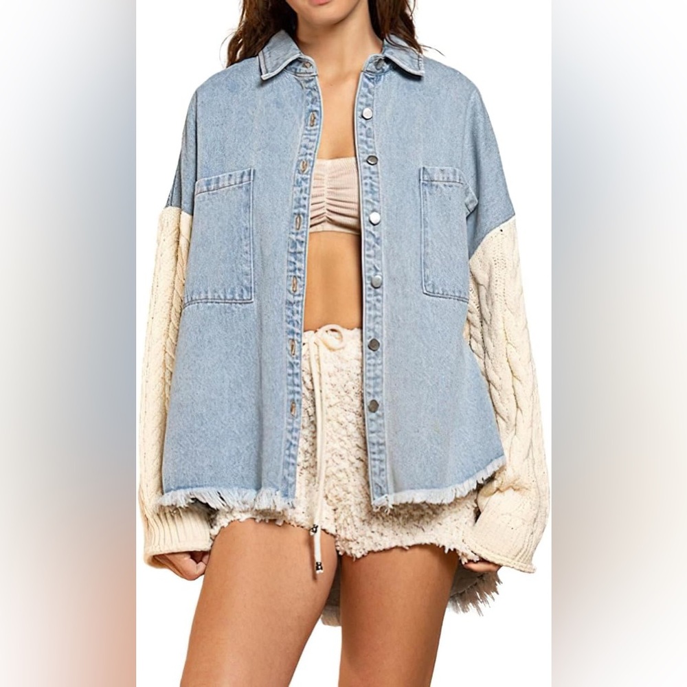 POL Denim & Cable Knit Button Down Shacket
